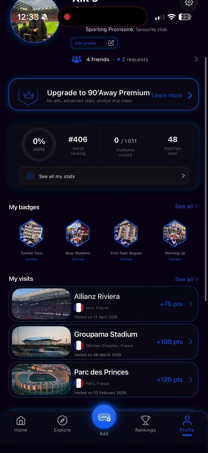Écran Profil de l'app avec tes badges et tes visites